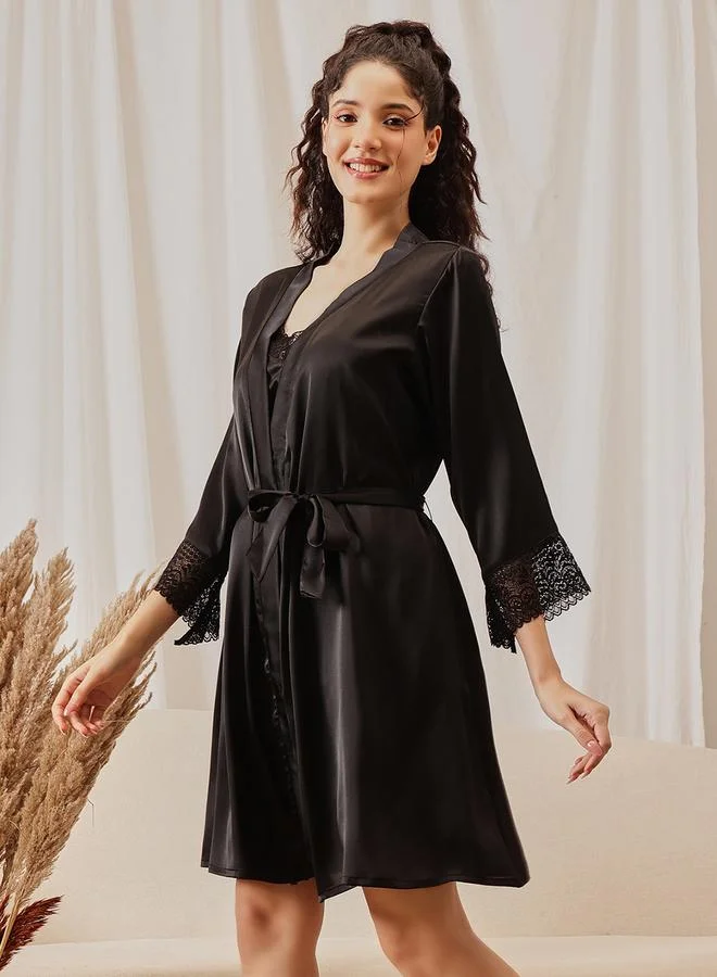 Clovia  Women Black Padded Satin Nightdress with Robe Set for Women | Best Price UAE